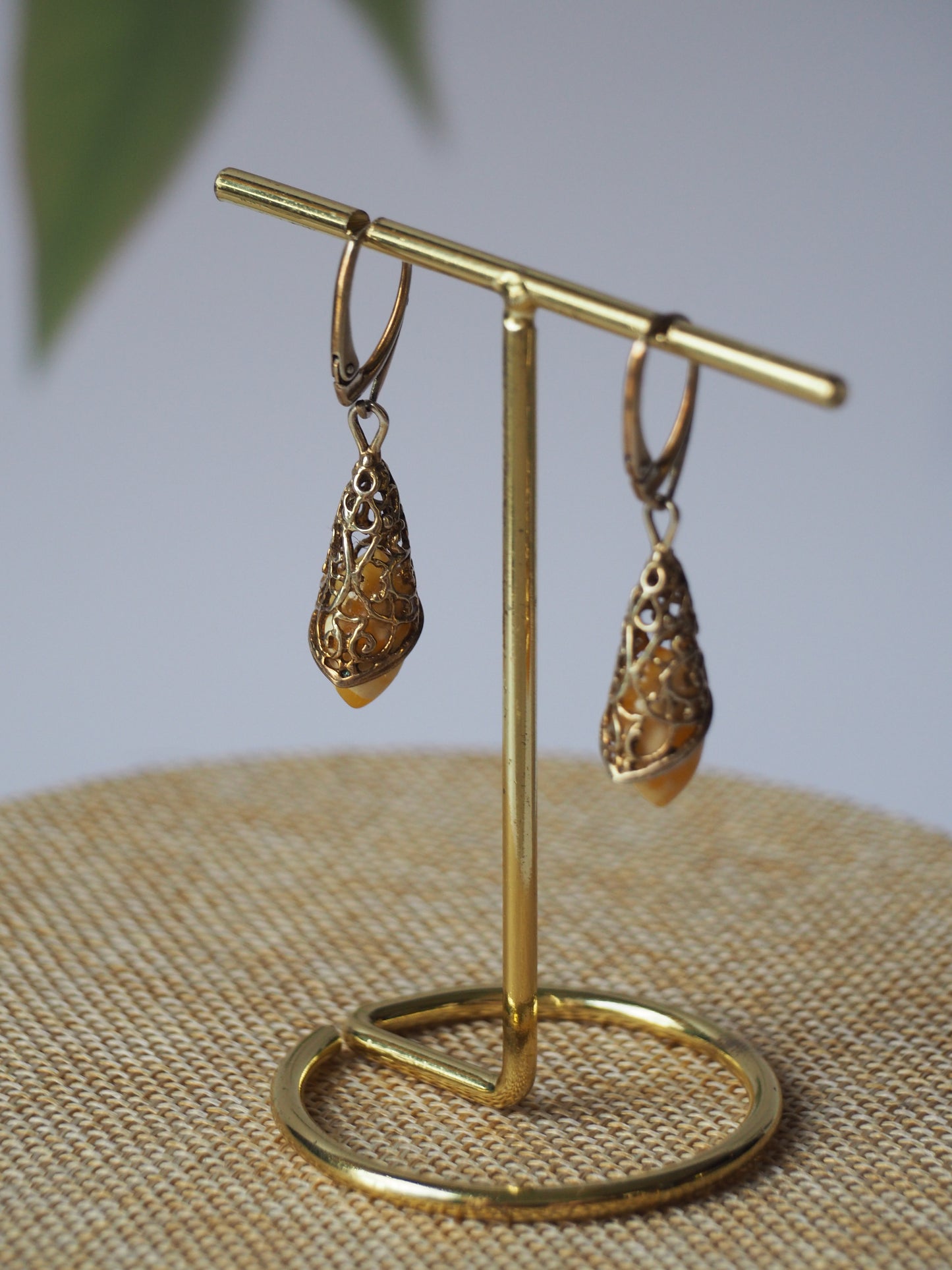 Moroccan Style White/ Butterscotch Amber Drop Mesh Earrings in Gold Plated Silver