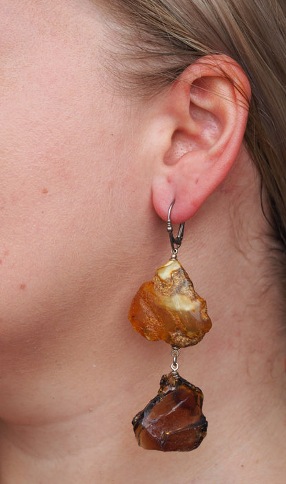 Natural Raw Amber + Blue Raw Indonesian Amber Earrings