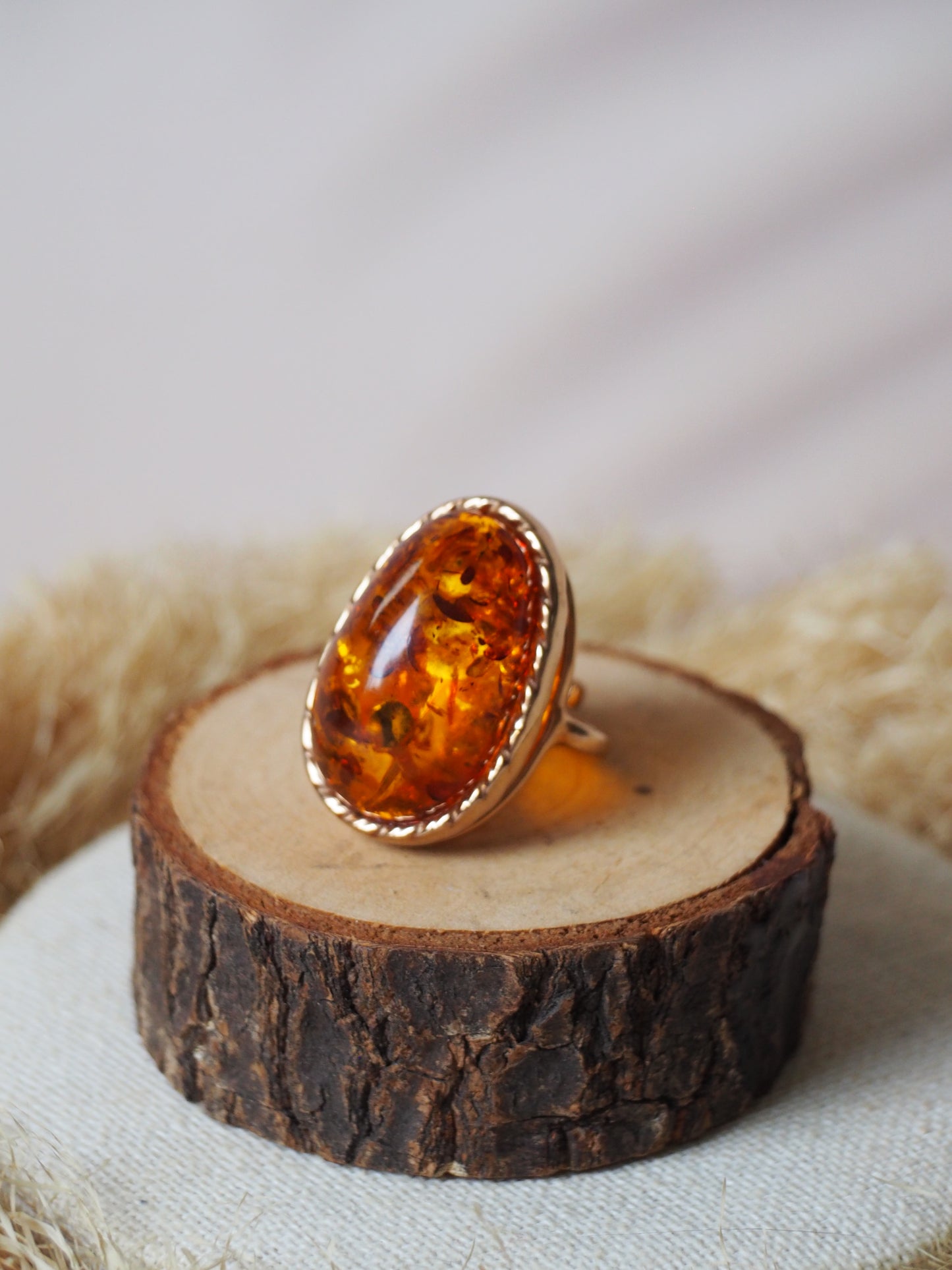 Big Oval Cognac Amber Adjustable Gold Plated Silver Ring