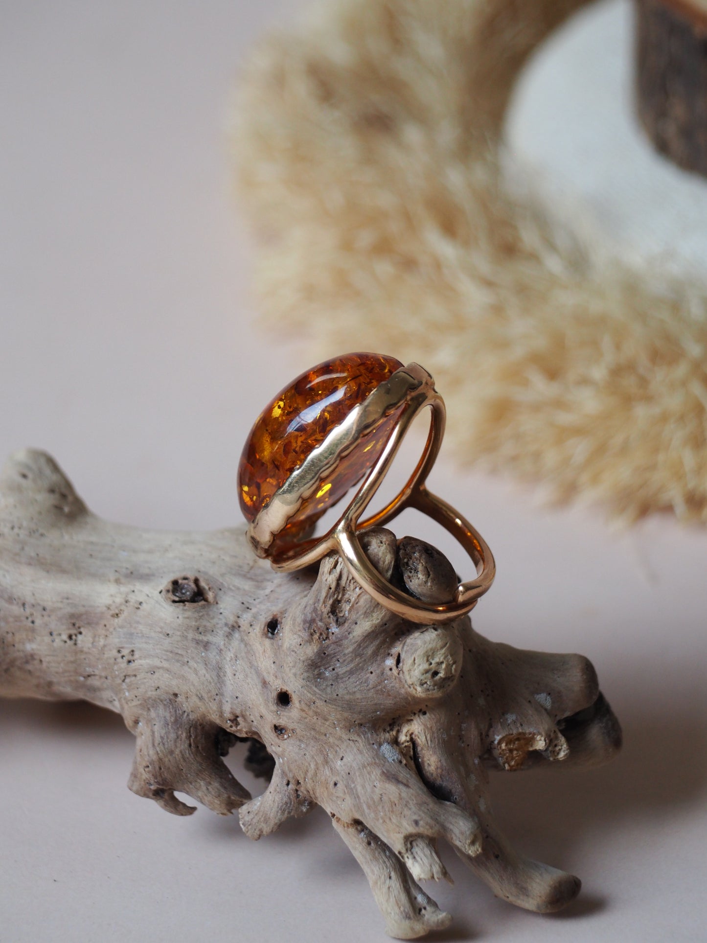 Big Oval Cognac Amber Adjustable Gold Plated Silver Ring