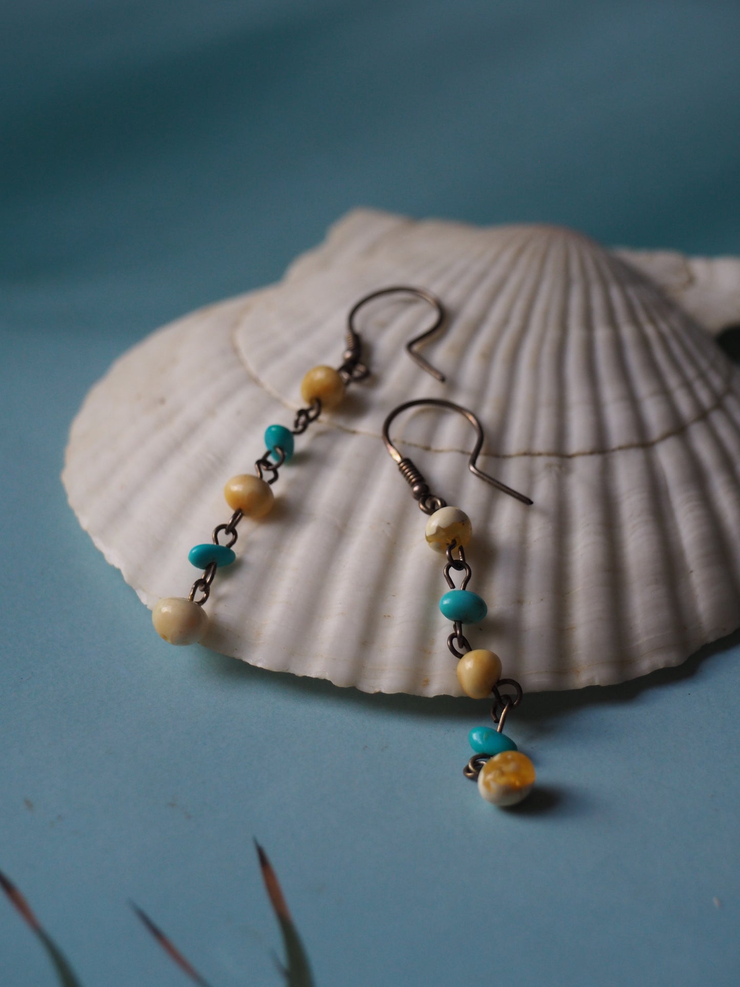 White Amber and Turquoise Stone Drop Earrings