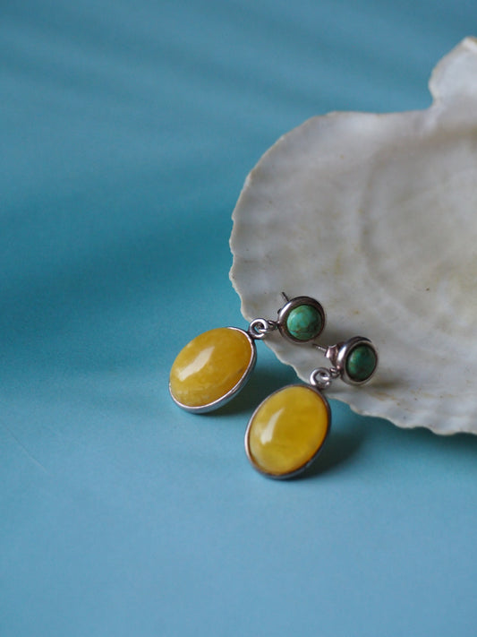 Butterscotch Amber Oval Earrings with Turquoise Stone