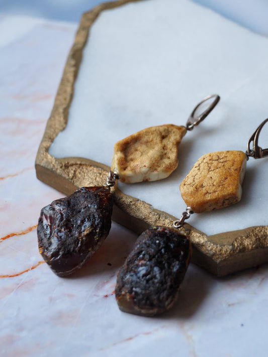 Natural Raw White Amber + Blue Indonesian Raw Amber Dangling Earrings