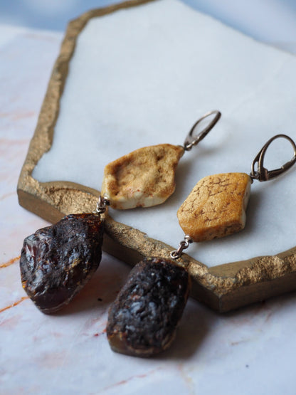 Natural Raw White Amber + Blue Indonesian Raw Amber Dangling Earrings