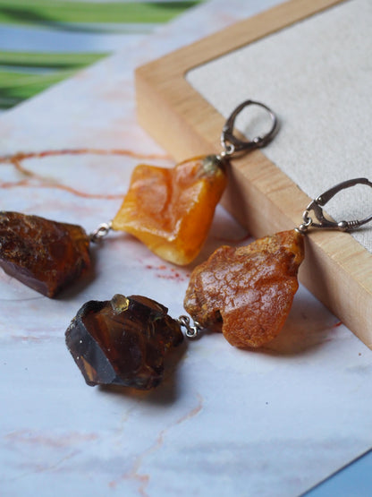 Natural Raw Amber + Blue Raw Indonesian Amber Earrings