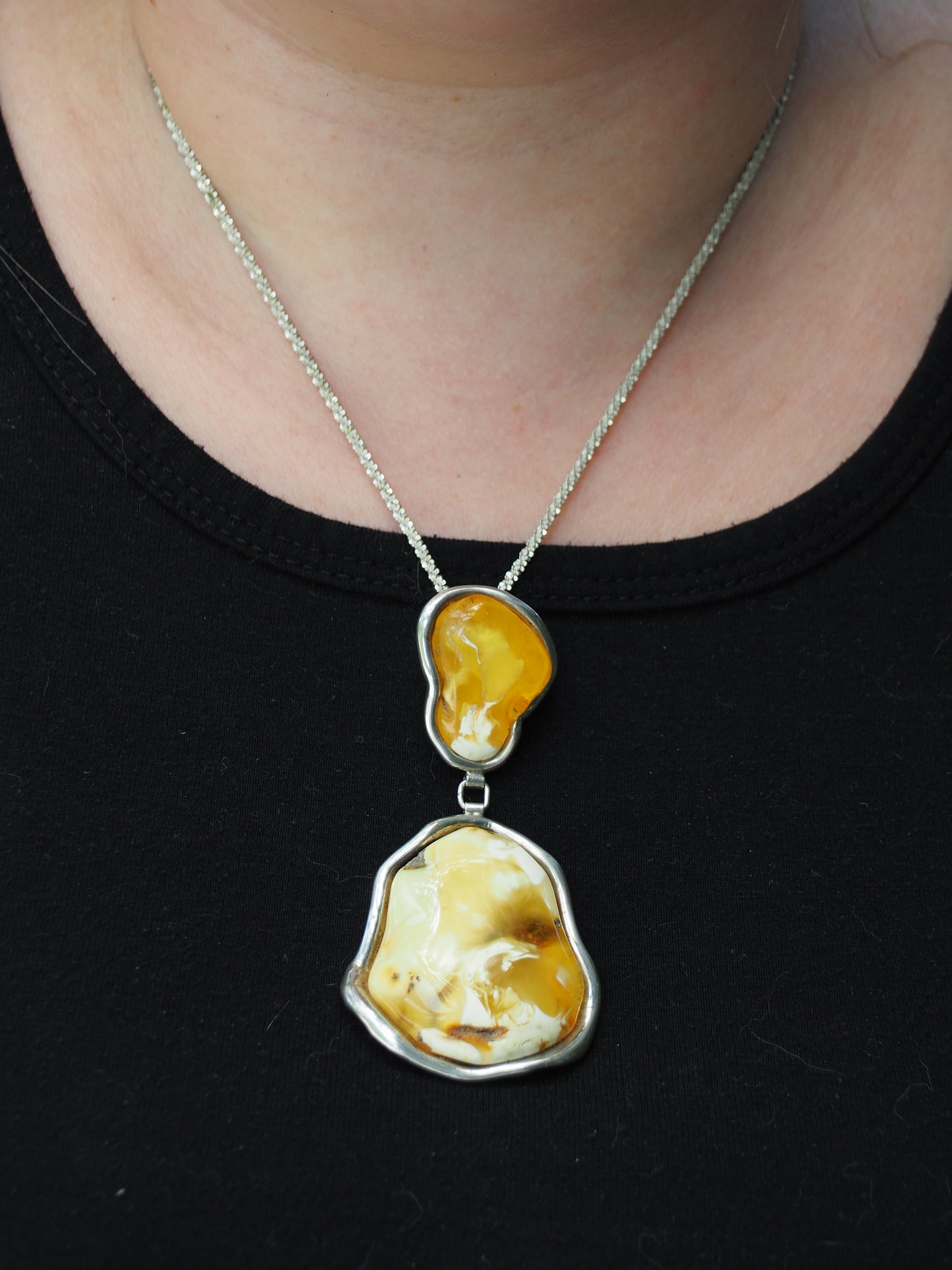Huge Unique Natural Royal White/ Honey Amber Handmade Pendant in Silver