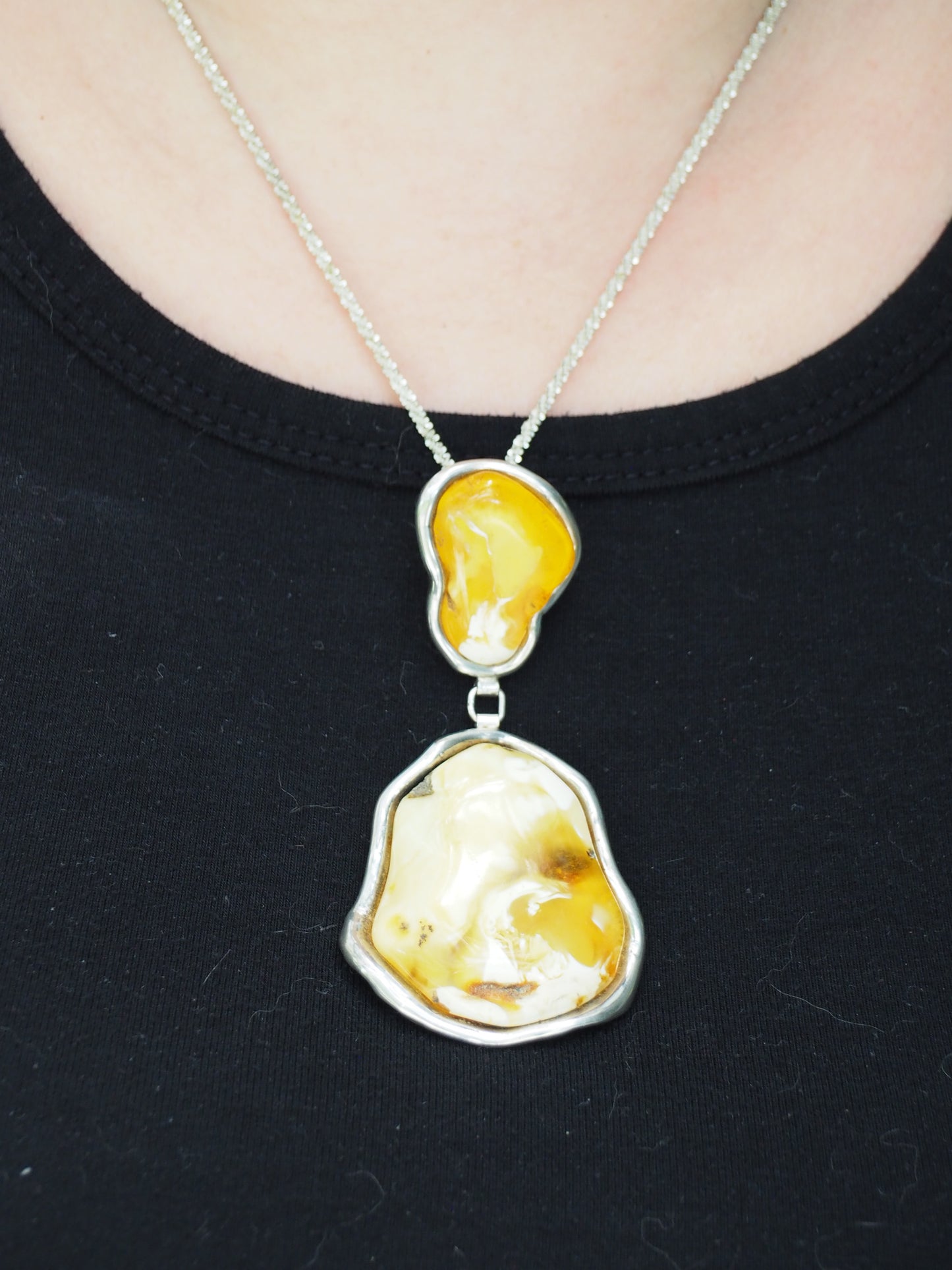 Huge Unique Natural Royal White/ Honey Amber Handmade Pendant in Silver