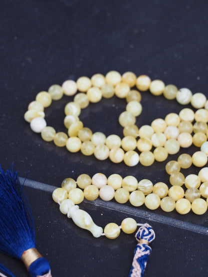 Unique Natural Royal White Amber Rosary 7mm with Handmade Tassel 99 Beads