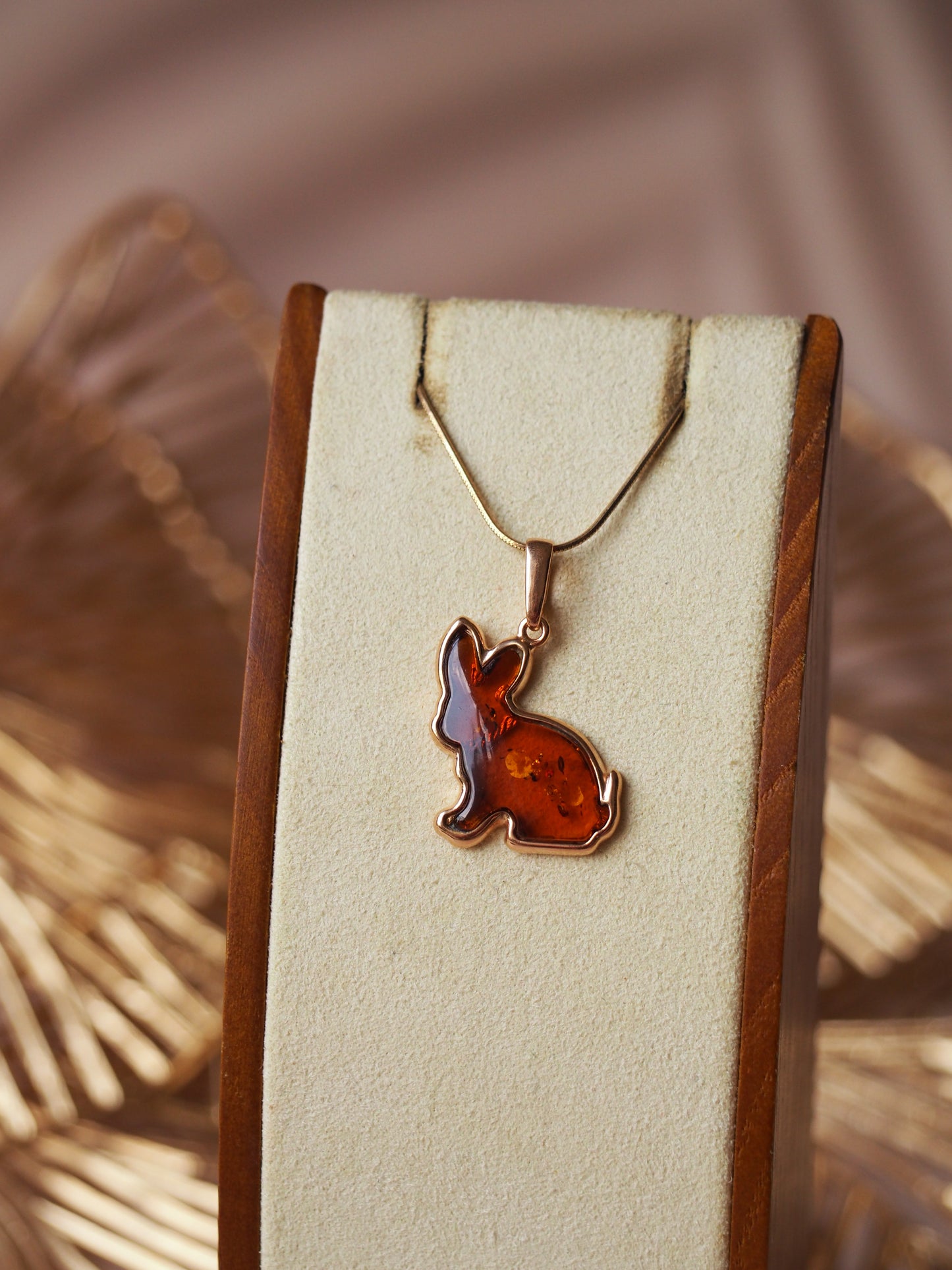 Cognac Amber Rabbit Charm/ Pendant in Rose Gold Plated Silver 925