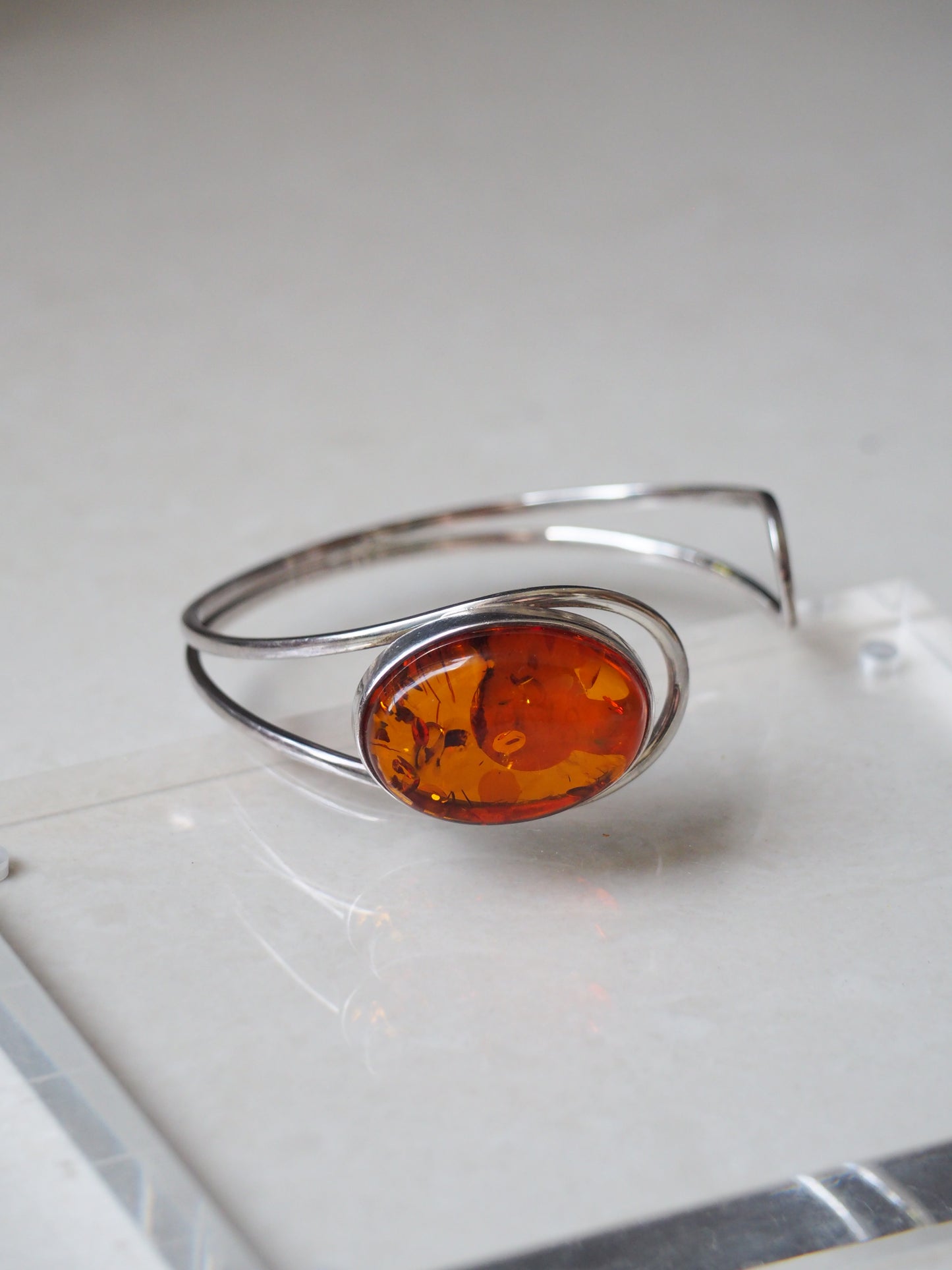 Cognac Amber Irregular Cuff Bracelet in Silver