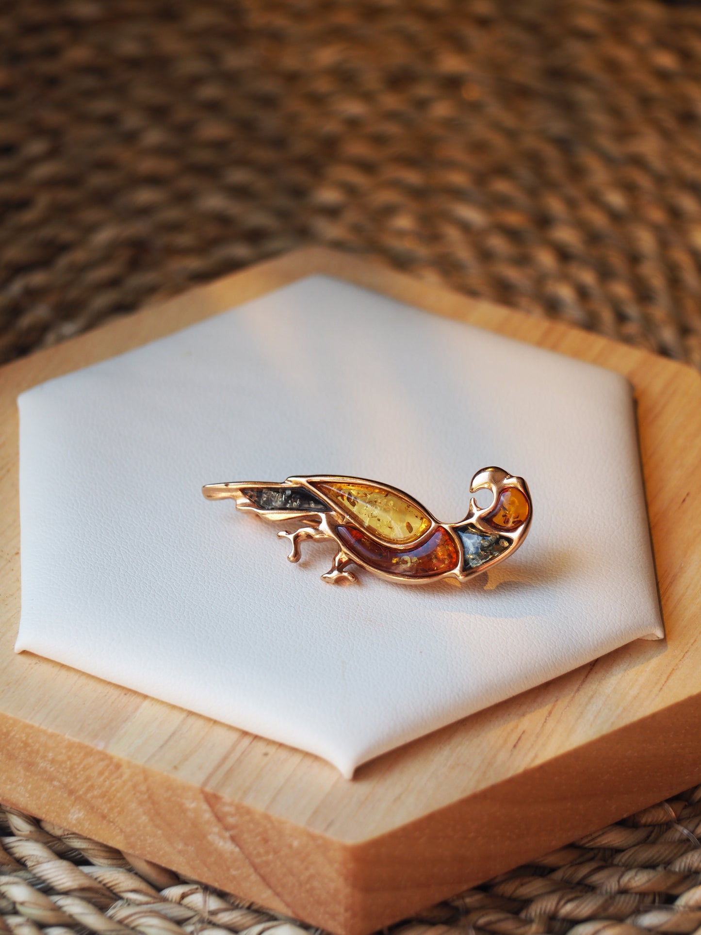 Parrot Three Color Amber Brooch in Rose Gold Plated Silver