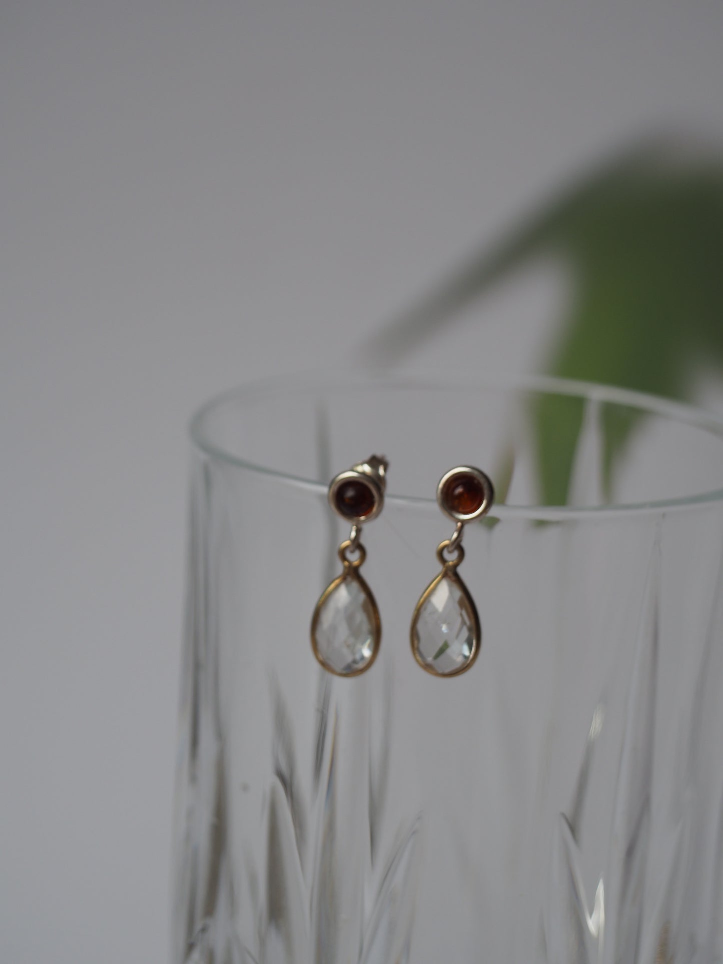 Cognac Amber + Mountain Crystal from Poland Earrings in Silver 925