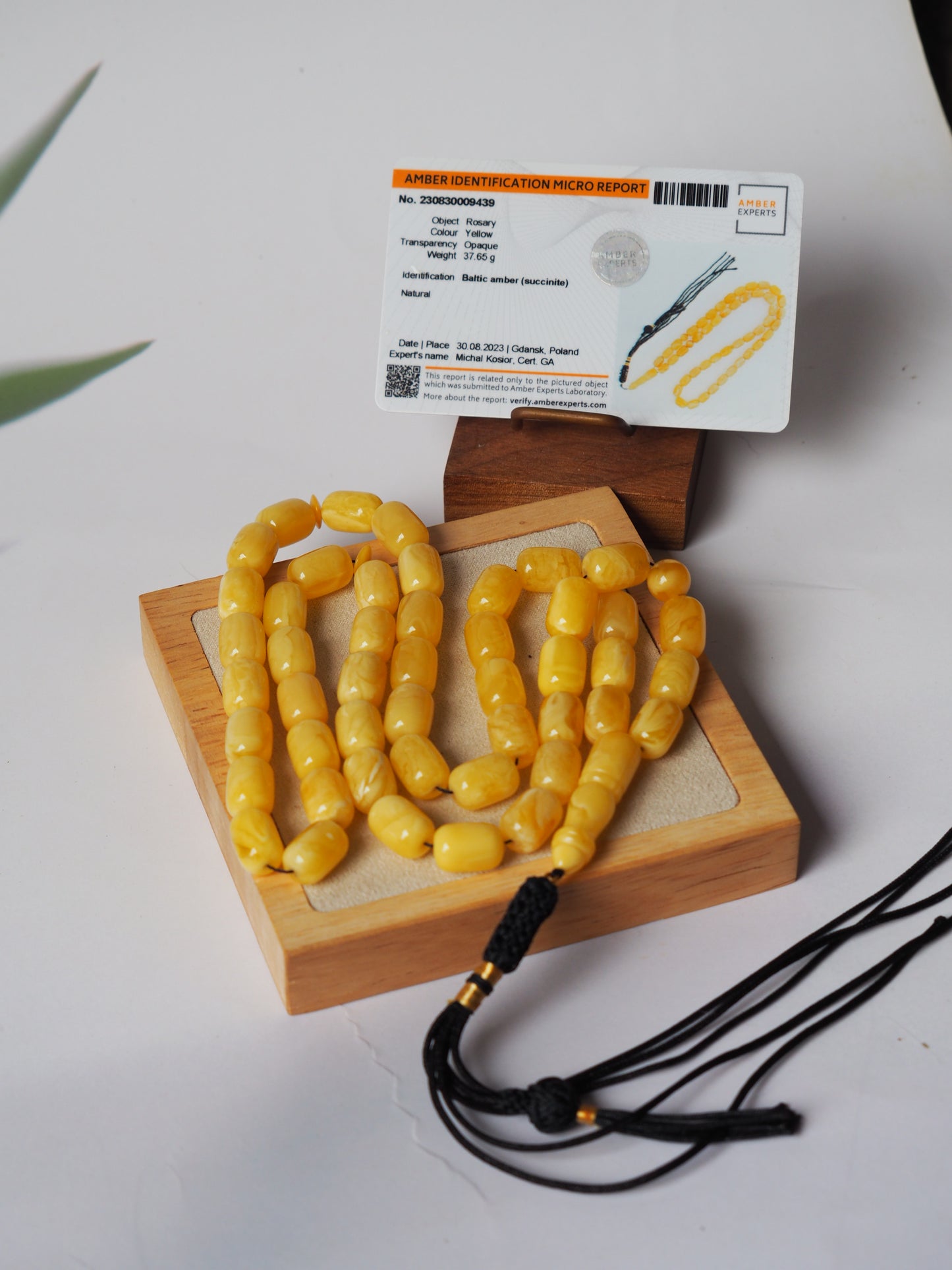 Natural Milk/Butterscotch Amber Barrel Shape Rosary 37.65g with Certificate