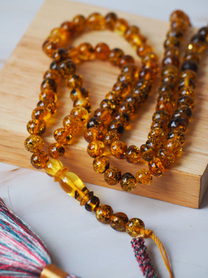Green Amber Round Shape Rosary with Air Bubbles