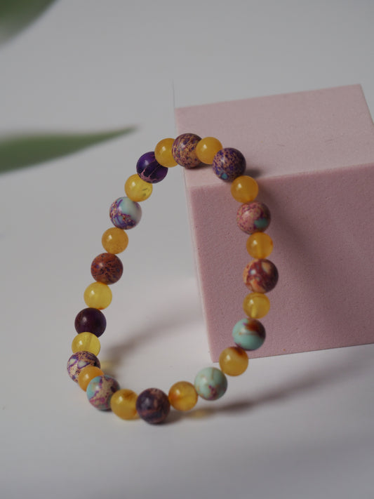 Natural Cloudy Baltic Amber and Imperial Jasper Beaded Bracelet