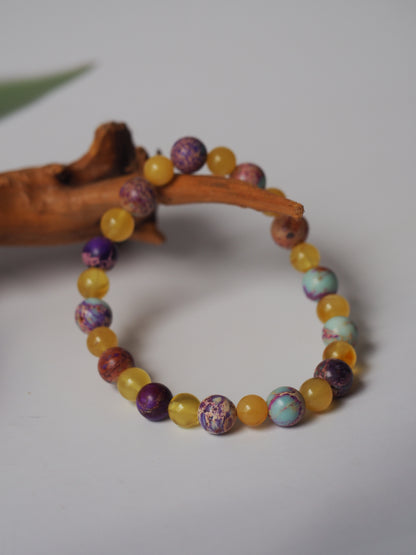 Natural Cloudy Baltic Amber and Imperial Jasper Beaded Bracelet