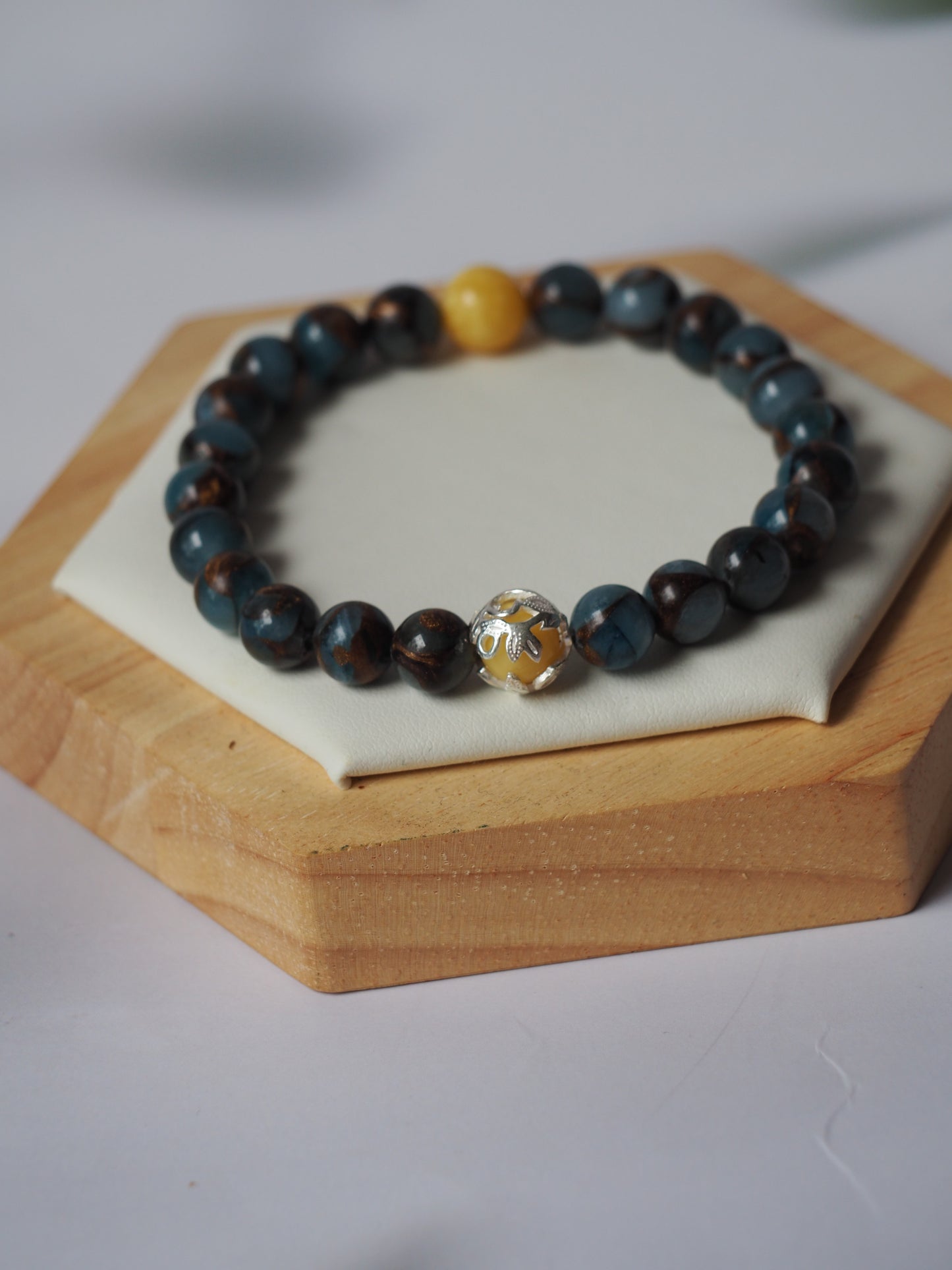 Natural Golden Stripe Lake Blue Cloisonne and Butterscotch Amber Beaded Bracelet