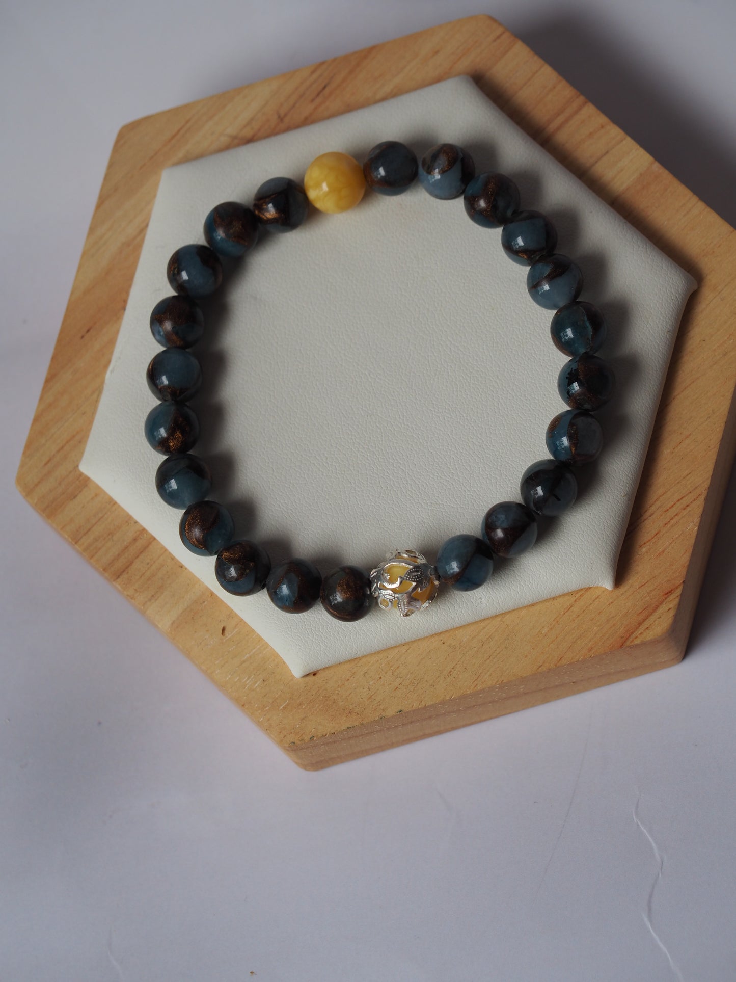 Natural Golden Stripe Lake Blue Cloisonne and Butterscotch Amber Beaded Bracelet