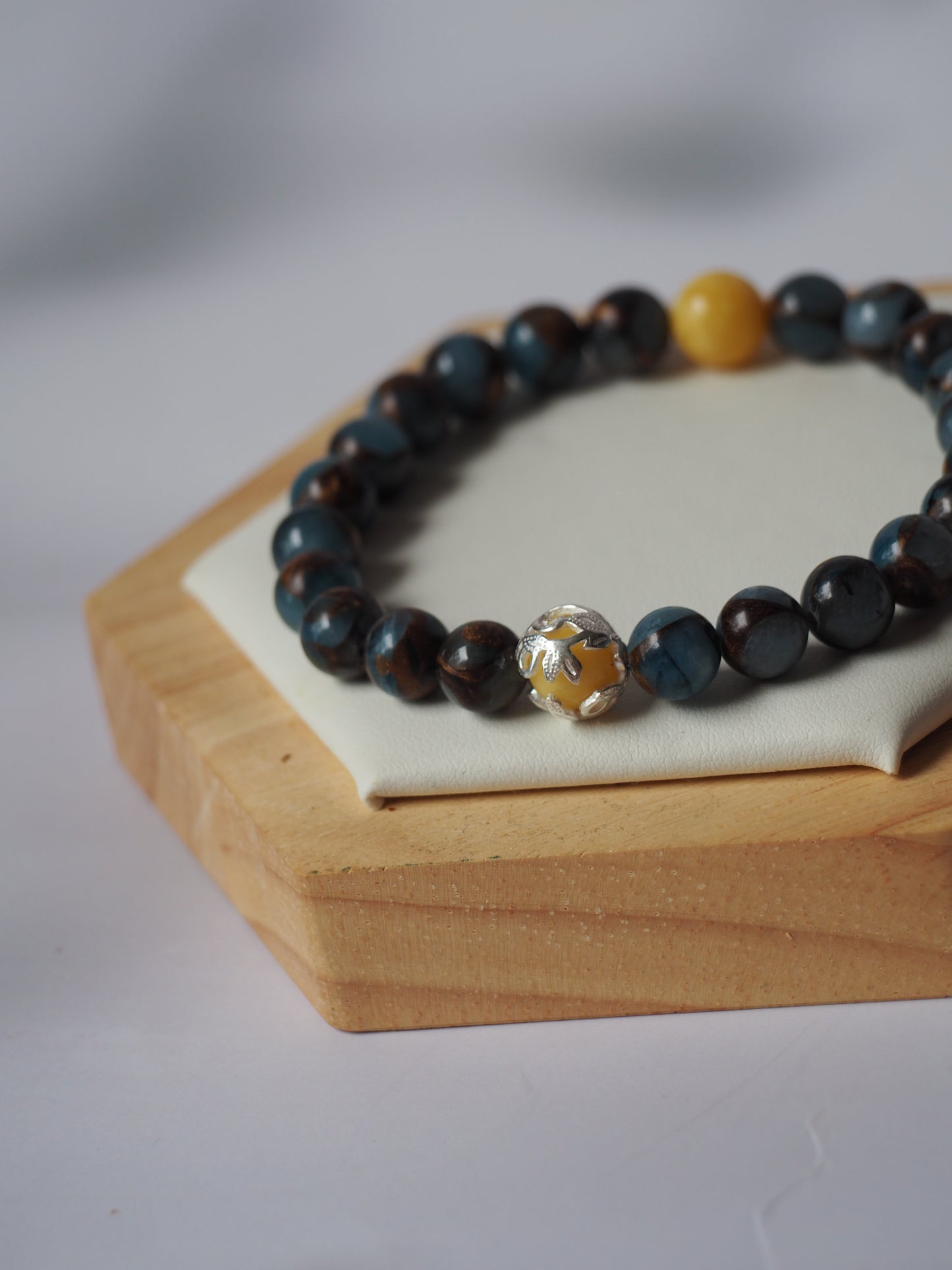 Natural Golden Stripe Lake Blue Cloisonne and Butterscotch Amber Beaded Bracelet