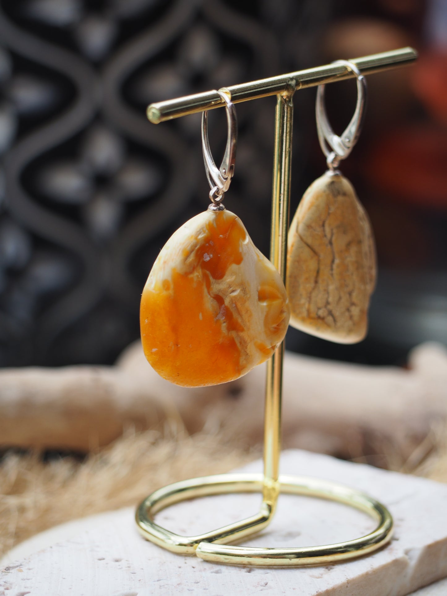 White Raw Amber/ Honey Amber Drop Bulky Earrings