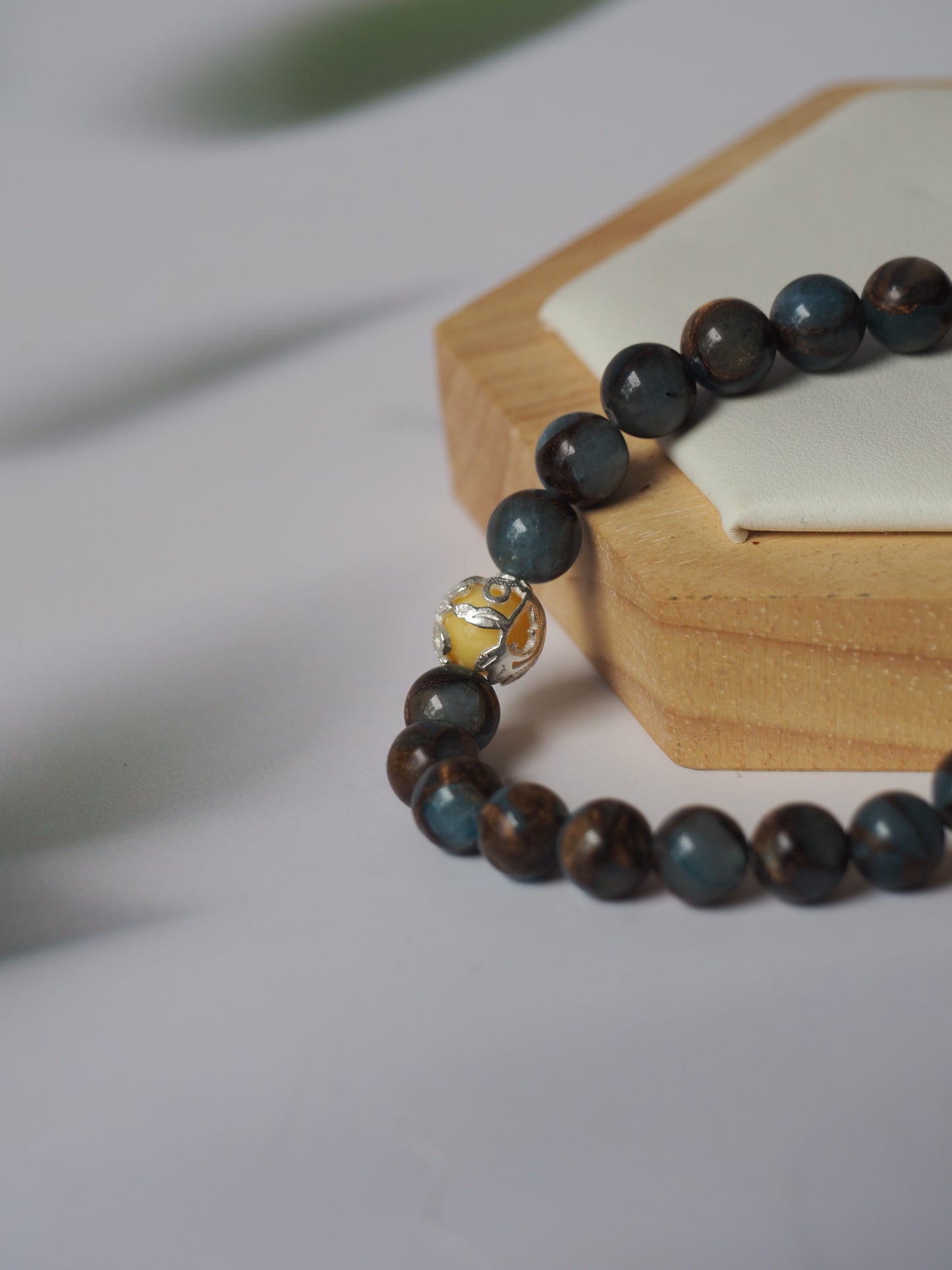 Natural Golden Stripe Lake Blue Cloisonne and Butterscotch Amber Beaded Bracelet