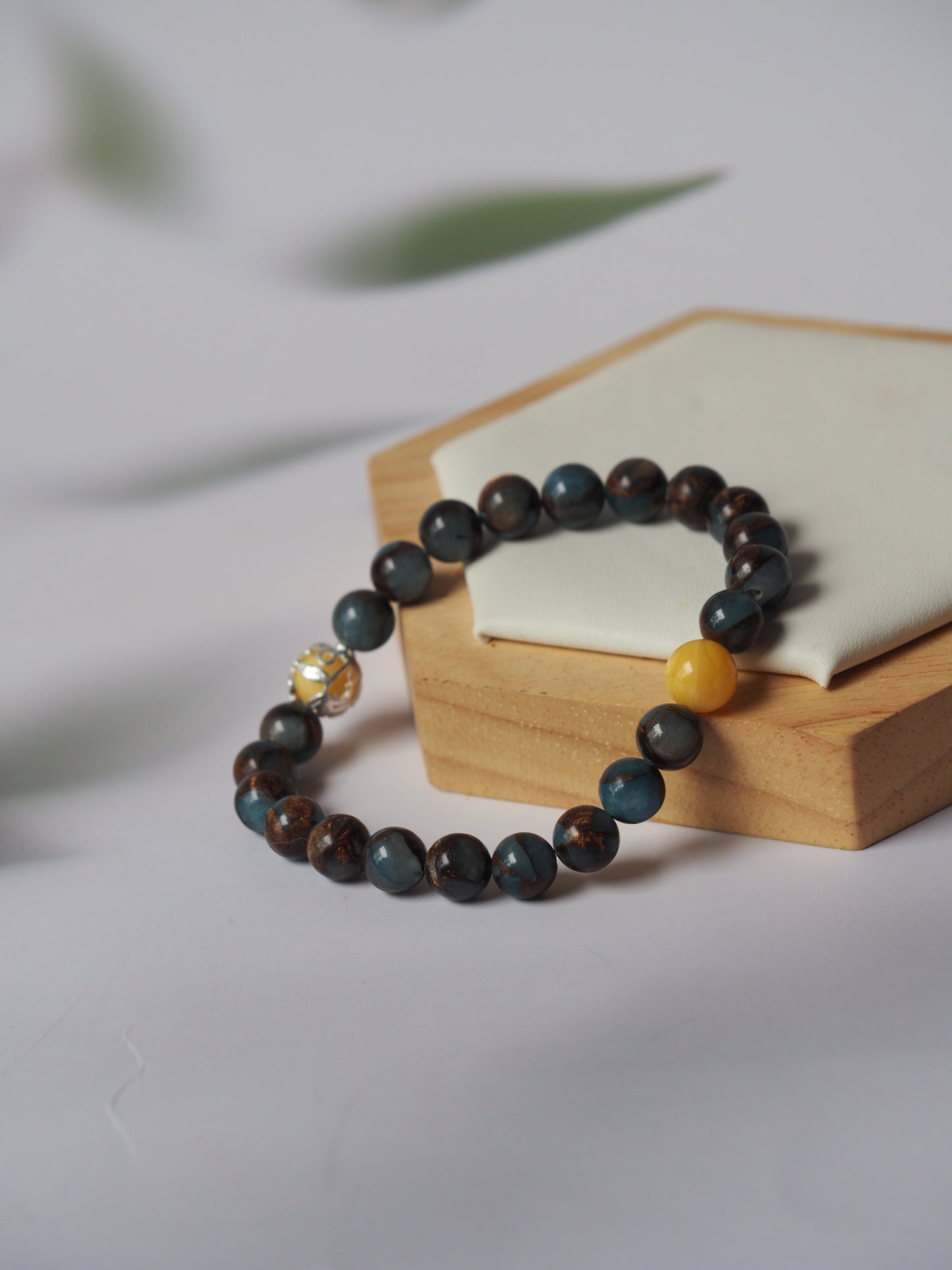 Natural Golden Stripe Lake Blue Cloisonne and Butterscotch Amber Beaded Bracelet