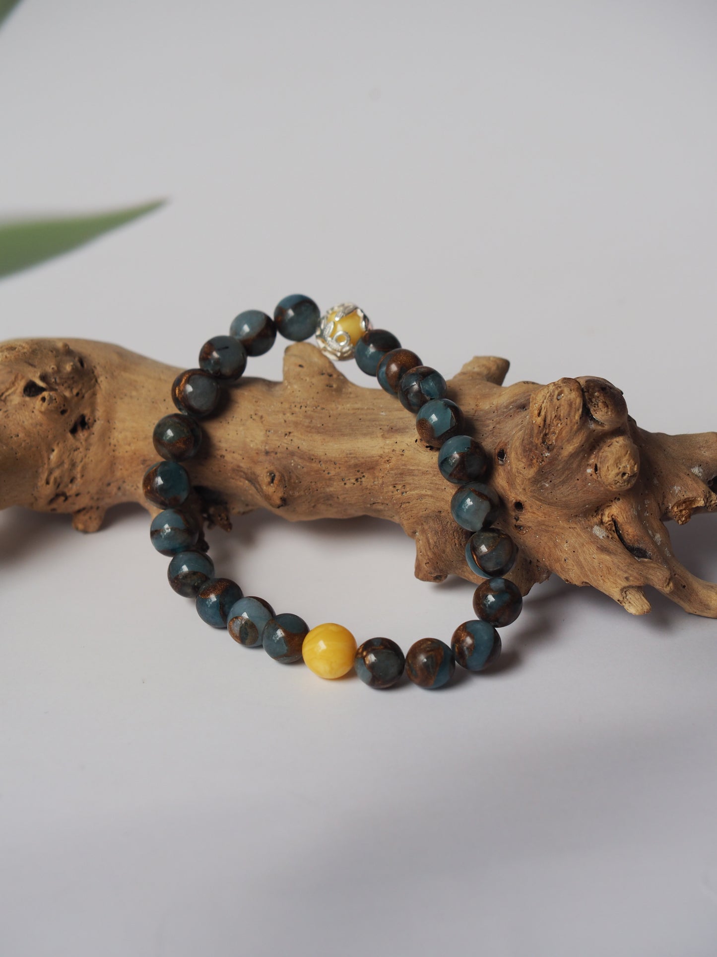 Natural Golden Stripe Lake Blue Cloisonne and Butterscotch Amber Beaded Bracelet