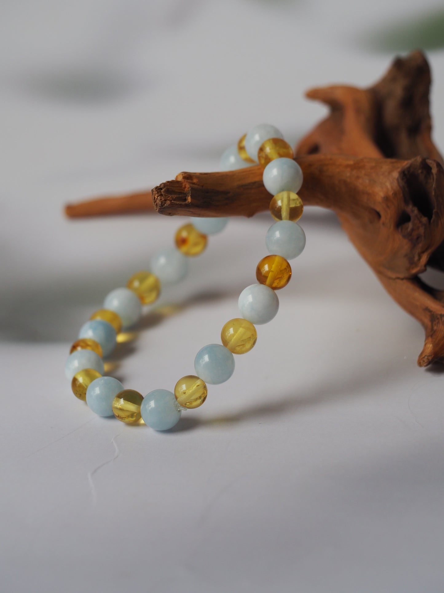 Natural Aquamarine And Cloudy Citron Amber Beaded Bracelet