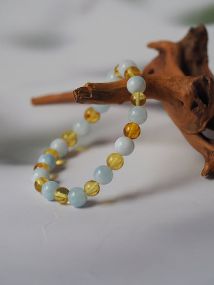 Natural Aquamarine And Cloudy Citron Amber Beaded Bracelet