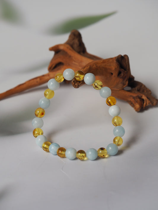 Natural Aquamarine And Cloudy Citron Amber Beaded Bracelet