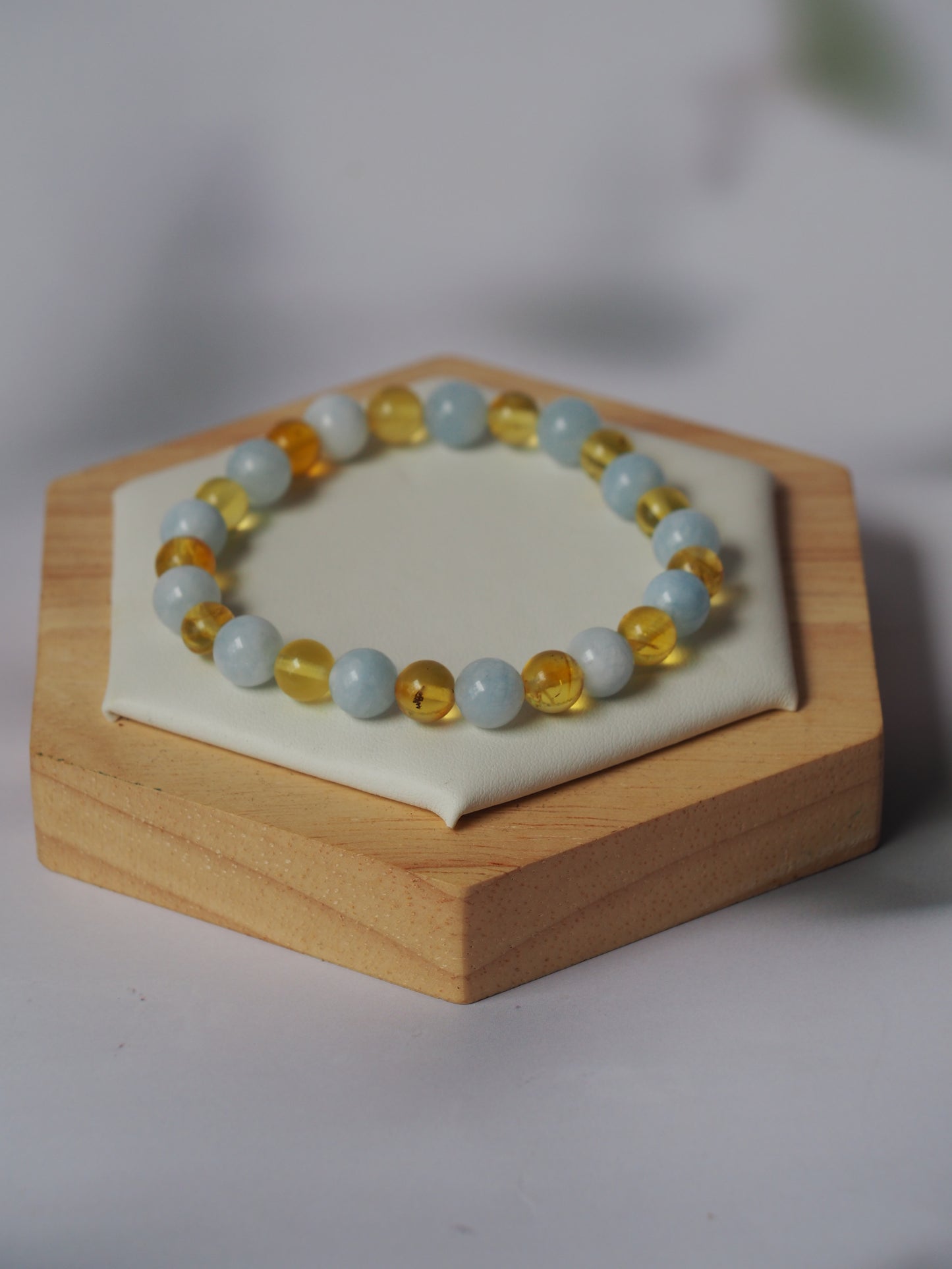 Natural Aquamarine And Cloudy Citron Amber Beaded Bracelet