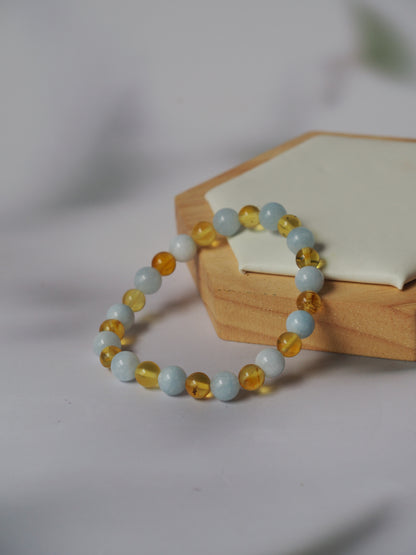 Natural Aquamarine And Cloudy Citron Amber Beaded Bracelet