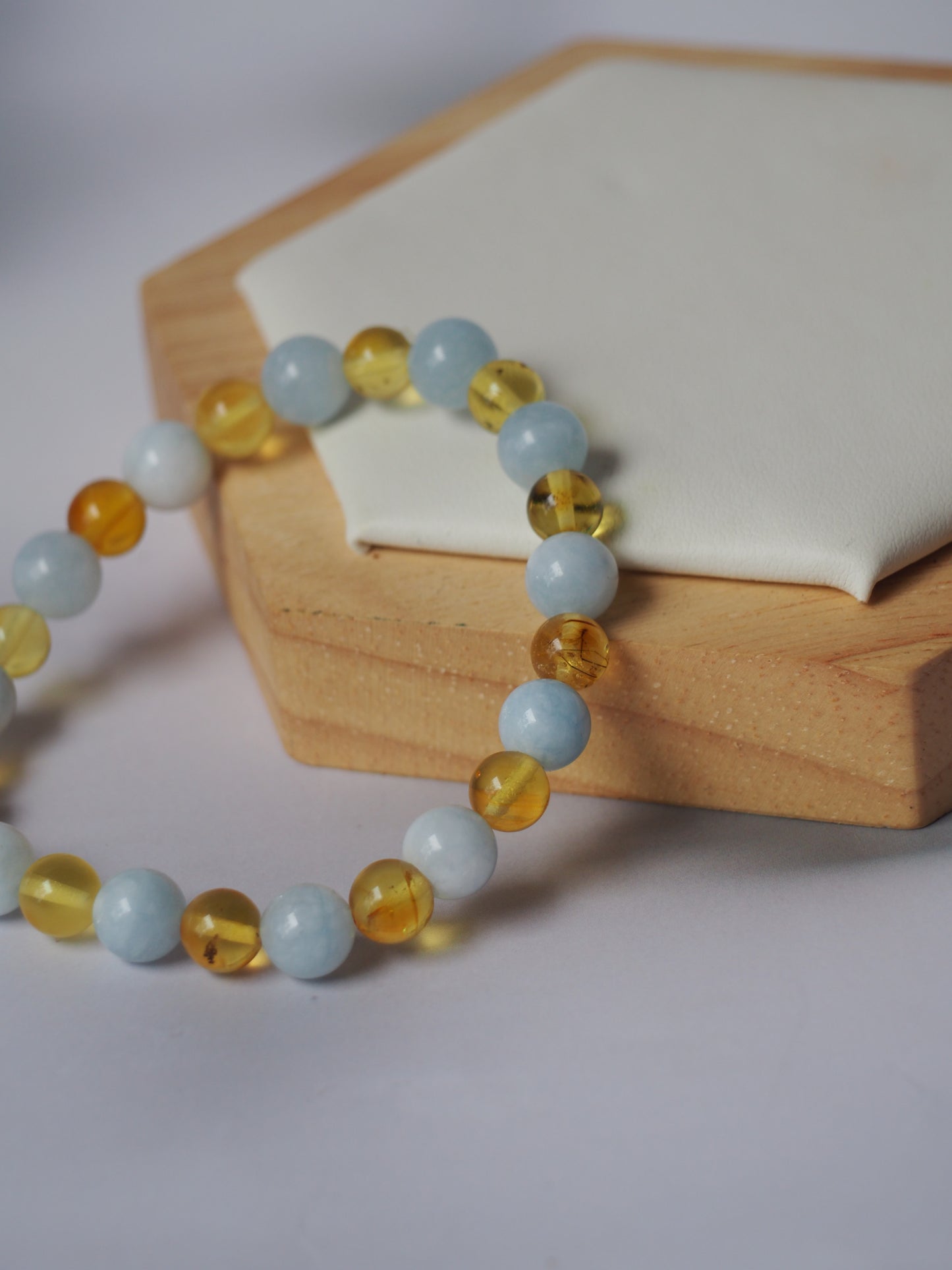 Natural Aquamarine And Cloudy Citron Amber Beaded Bracelet