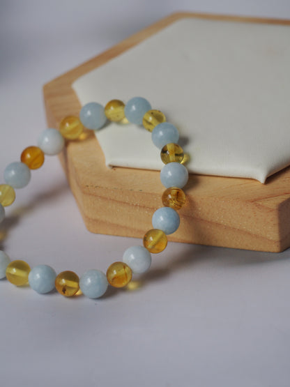 Natural Aquamarine And Cloudy Citron Amber Beaded Bracelet