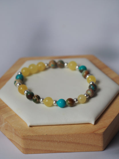 Natural Cloudy Amber, Silver 925 & Turquoise Beaded Bracelet