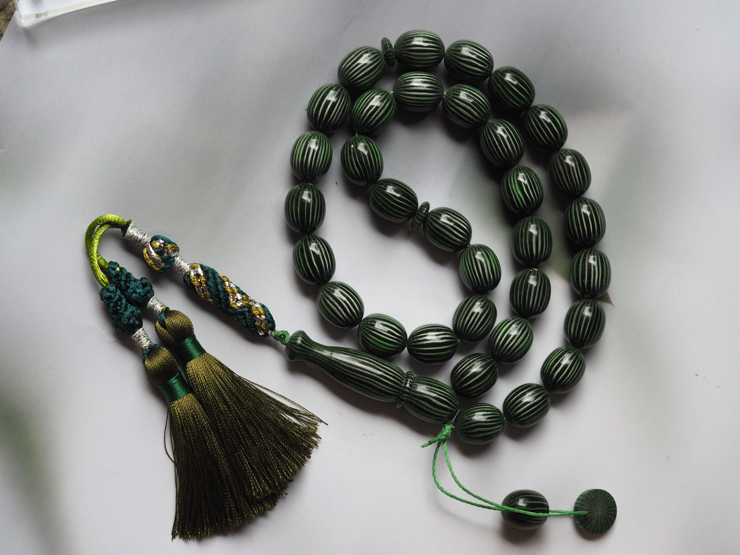 Dark Green Textured Olive Shape Bakelite Rosary