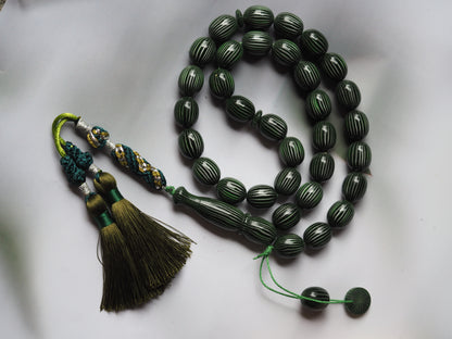 Dark Green Textured Olive Shape Bakelite Rosary