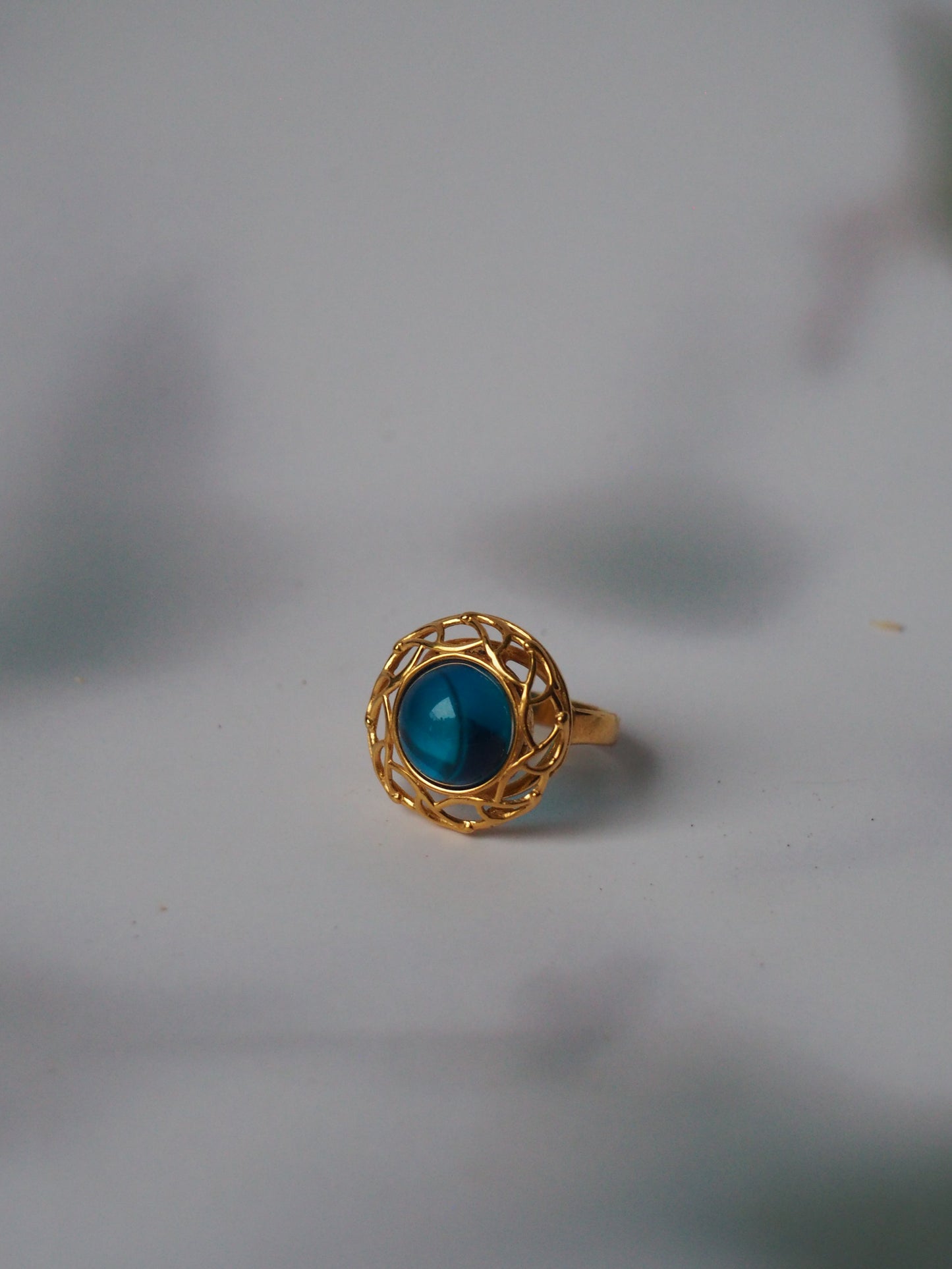 Round Blue Amber Ring in Gold Plated Silver
