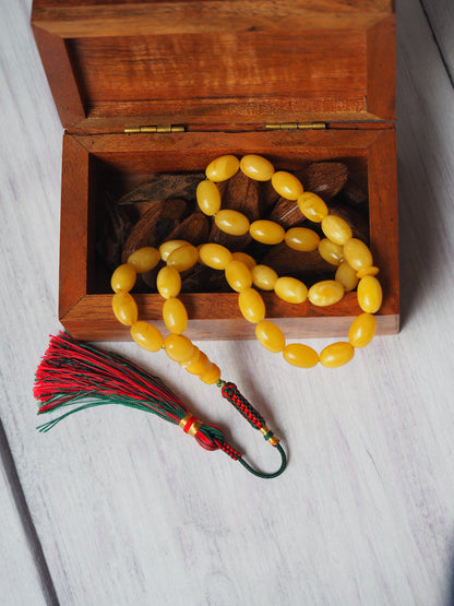Small Natural Pocket Size Amber Tasbih 33 Beads Olive Shape