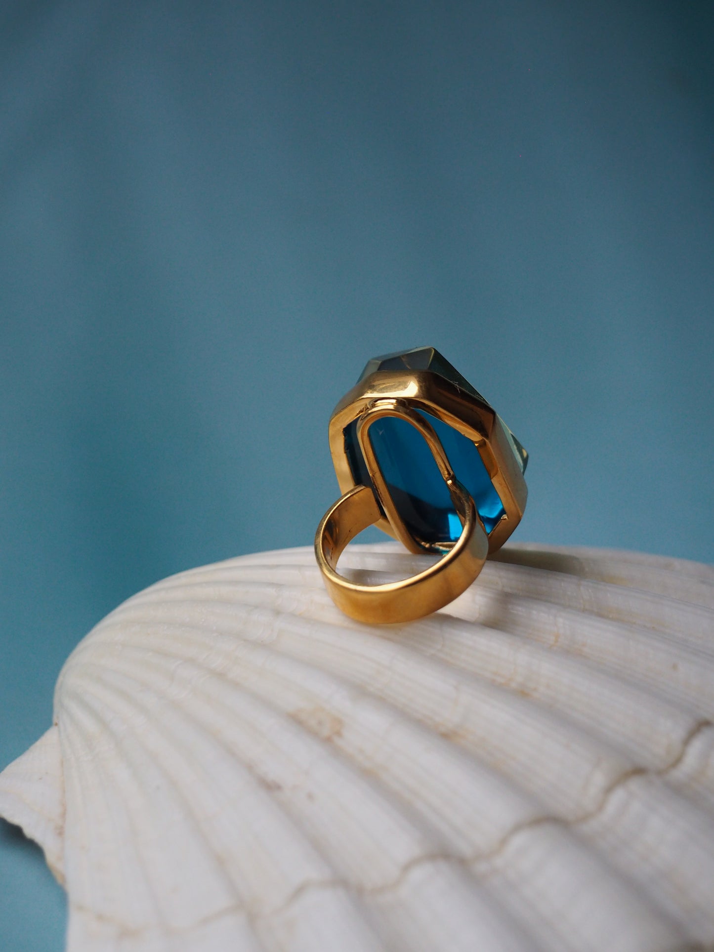 Irregular Polished Blue Amber Bold Ring in Gold Plated Silver