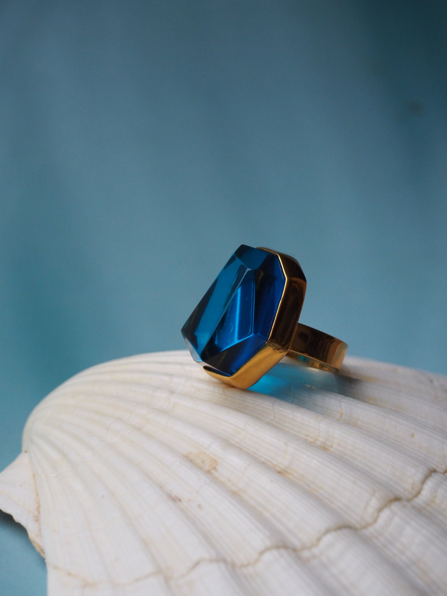 Irregular Polished Blue Amber Bold Ring in Gold Plated Silver