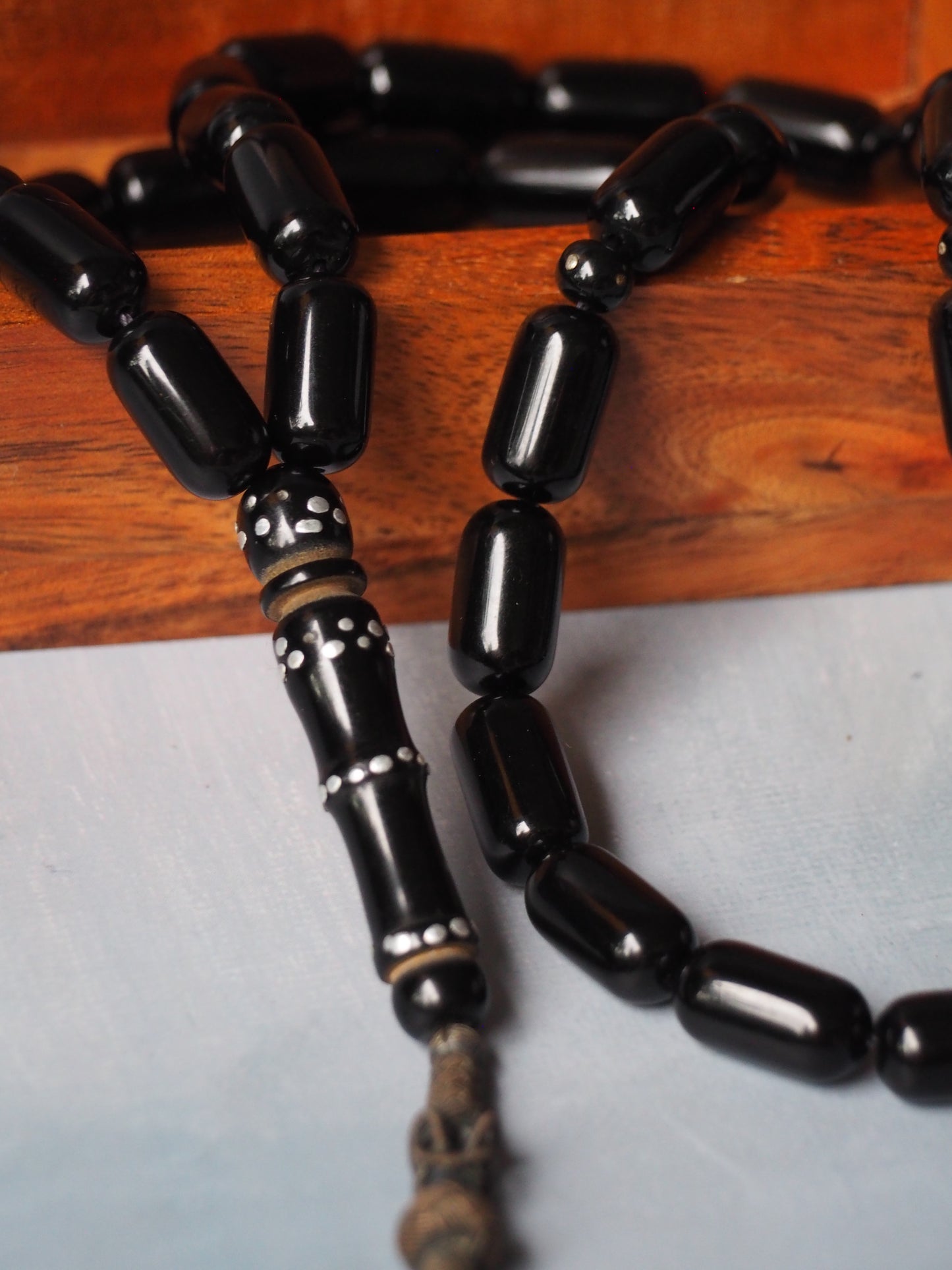 Black Bakelite Tasbih with Aluminum Dots and Silver Tassel 33 Beads