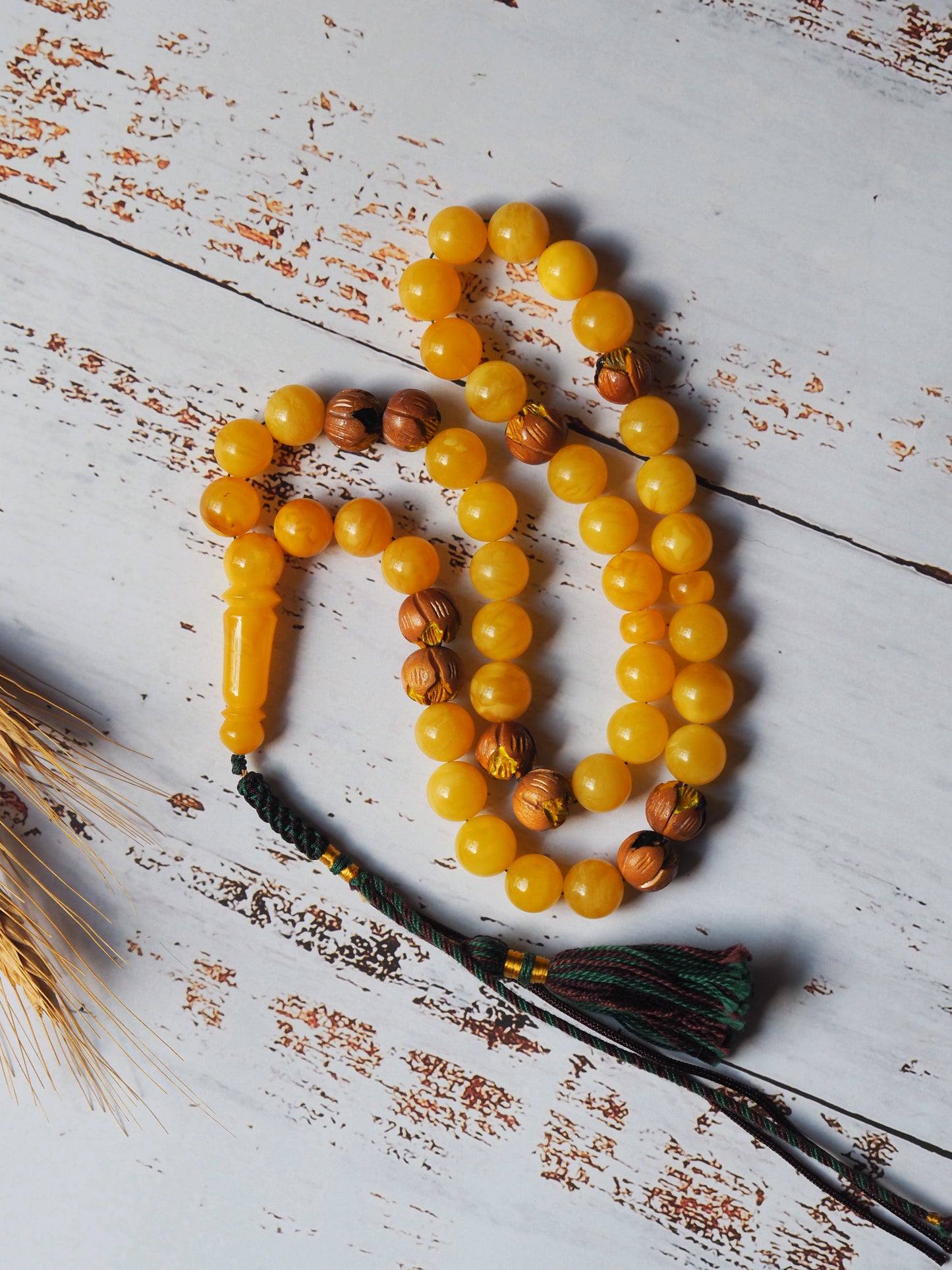 Natural Butterscotch Amber and Hand Carved and Hand Painted Peach Wood Tasbih 45 Beads