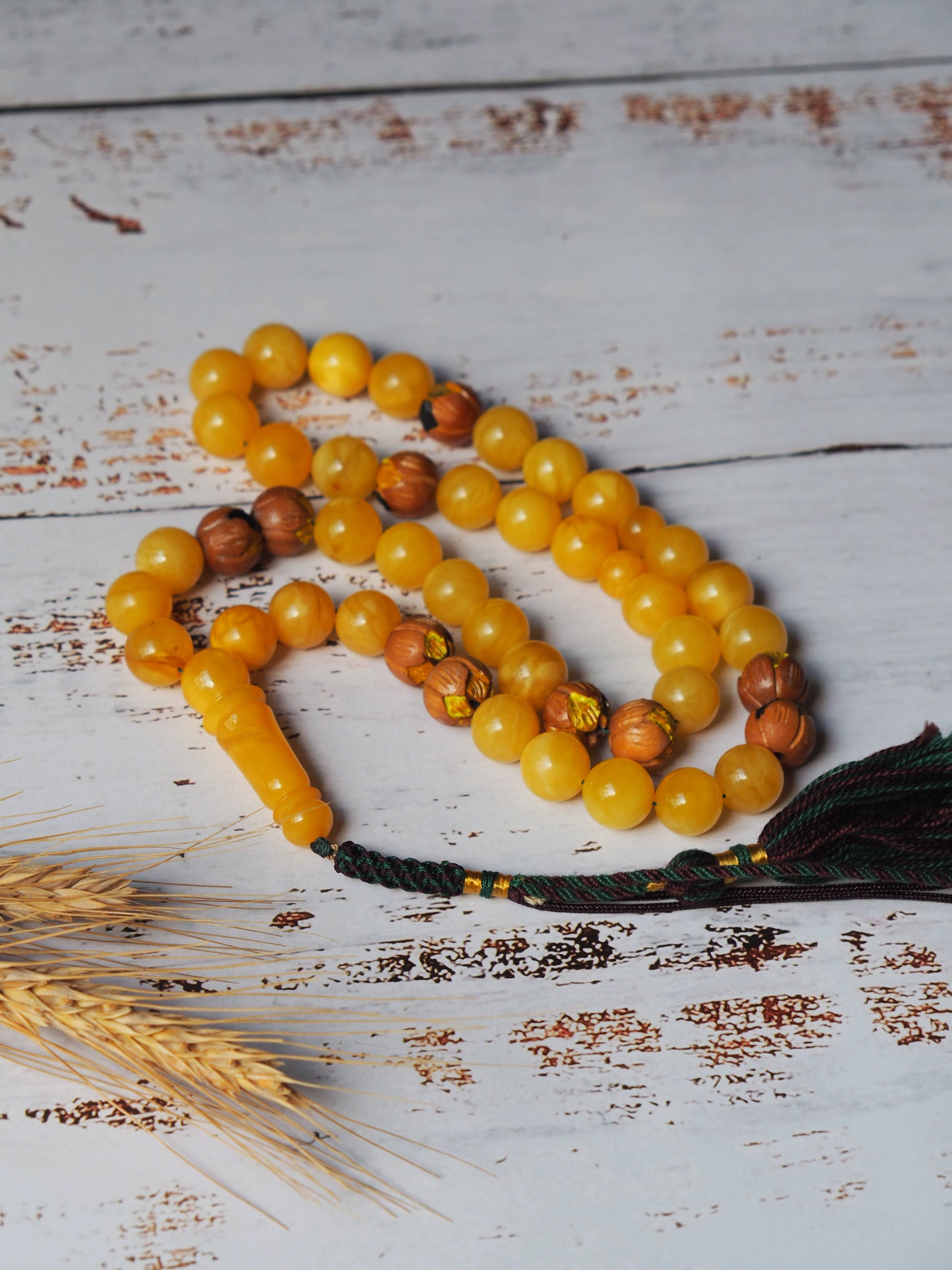 Natural Butterscotch Amber and Hand Carved and Hand Painted Peach Wood Tasbih 45 Beads