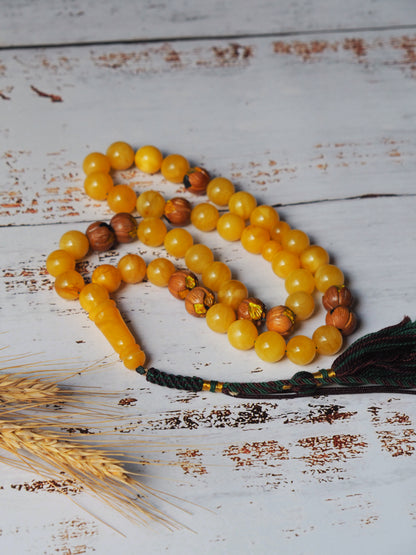 Natural Butterscotch Amber and Hand Carved and Hand Painted Peach Wood Tasbih 45 Beads