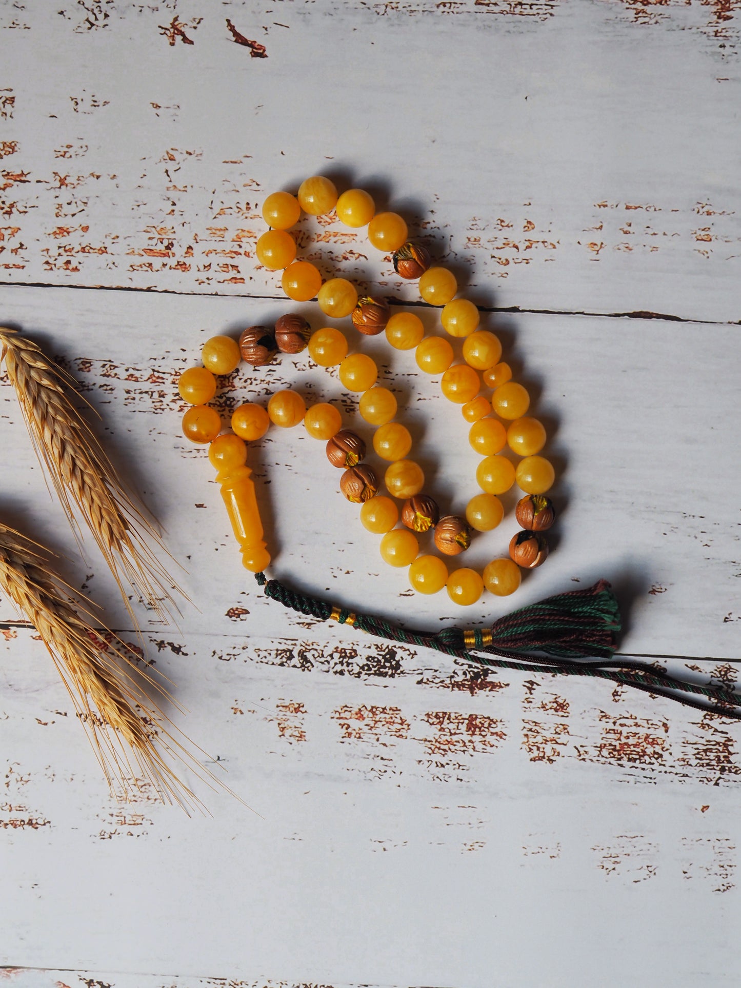 Natural Butterscotch Amber and Hand Carved and Hand Painted Peach Wood Tasbih 45 Beads