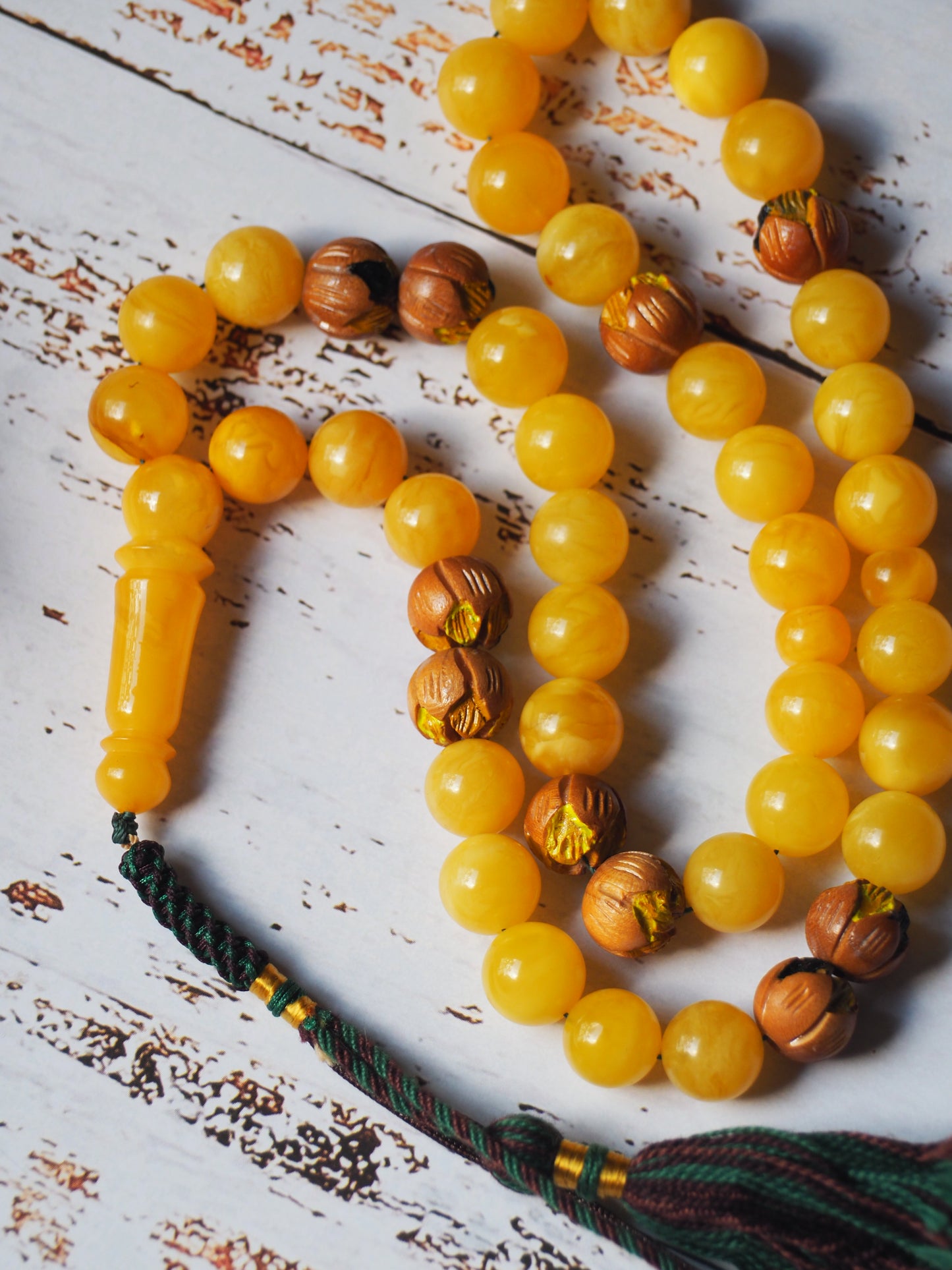 Natural Butterscotch Amber and Hand Carved and Hand Painted Peach Wood Tasbih 45 Beads