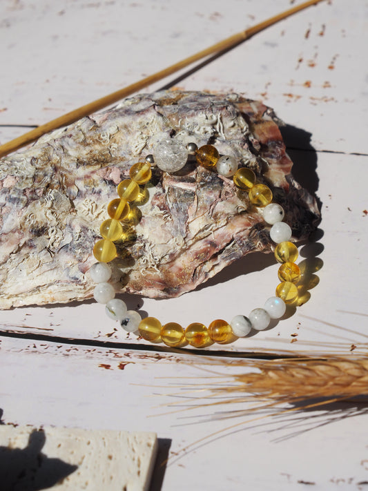Unique Citron Amber, Moonstones and Mountain Crystal Beaded Bracelet with 925 Silver