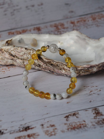 Unique Citron Amber, Moonstones and Mountain Crystal Beaded Bracelet with 925 Silver