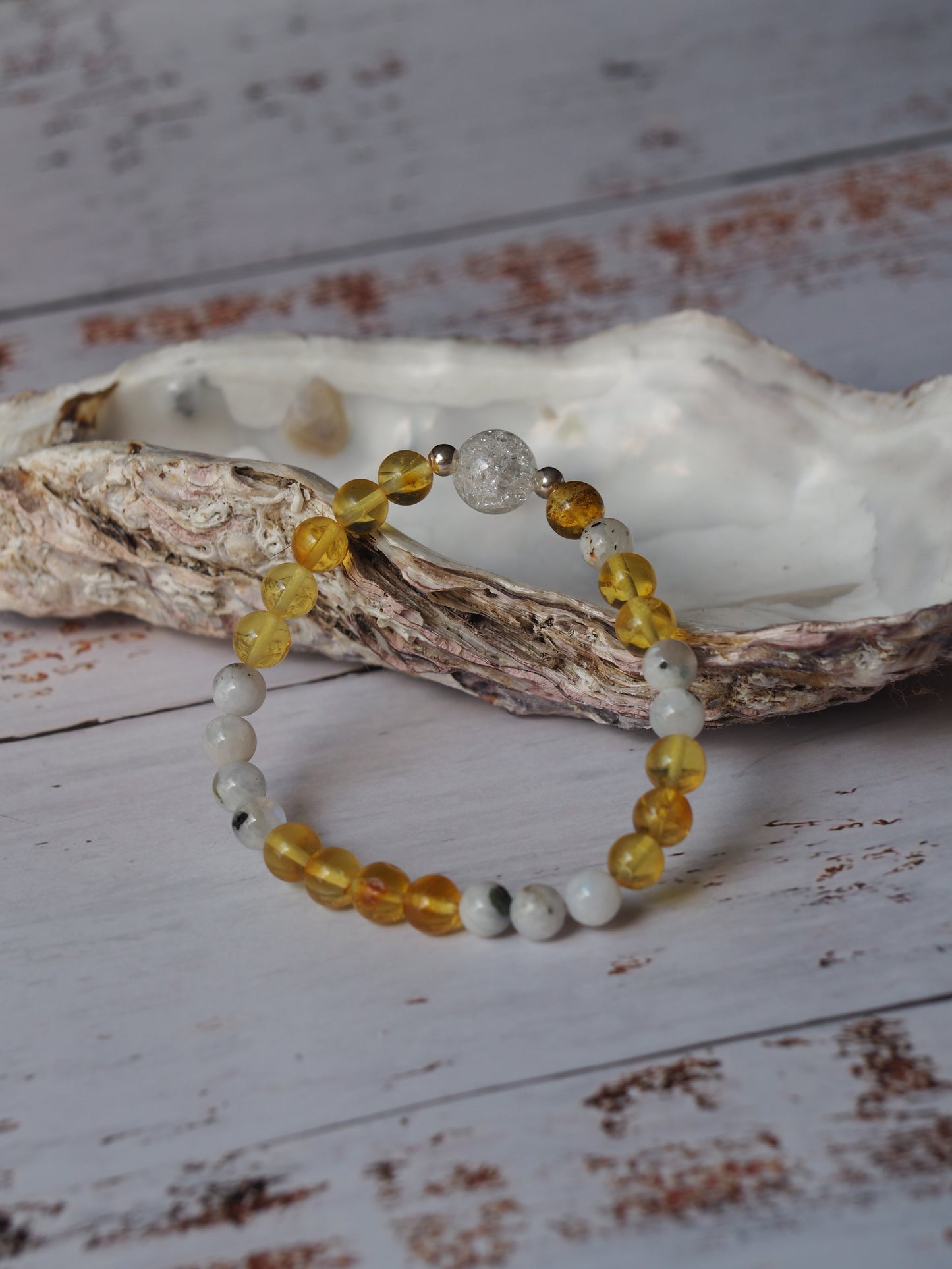 Unique Citron Amber, Moonstones and Mountain Crystal Beaded Bracelet with 925 Silver